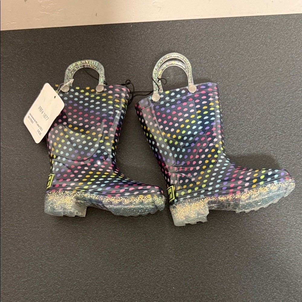 Western Chief Black Rain Boots with Multicolor Polka Dots and Glitter Soles
